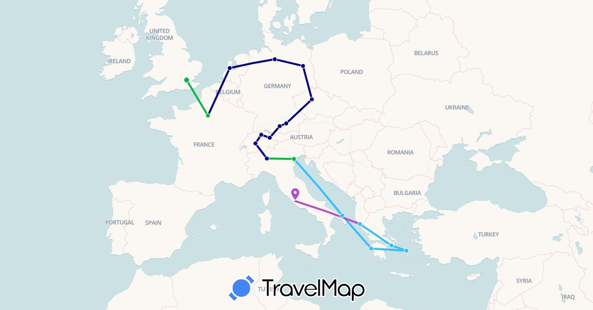 TravelMap itinerary: driving, bus, train, boat in Albania, Switzerland, Czech Republic, Germany, France, United Kingdom, Greece, Italy, Liechtenstein, Netherlands (Europe)
